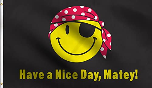DMSE Smiley Face Pirate Have A Nice Day Matey Happy Emoji Flag 3X5 Ft Foot 100% Polyester 100D Flag UV Resistant (3'X5' Ft Foot)