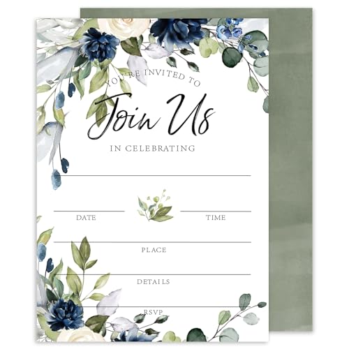 Whaline 25 Sets Floral Invitations with Envelopes Stickers Watercolor Blue Flower Invitation Cards Blank Invites for Wedding Reception Bridal Baby Shower Birthday Dinner Party, 5 x 7 Inch