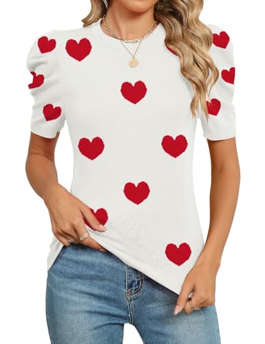 AKEWEI Womens Summer Short Sleeve Heart Valentines Tops Crew Neck Lightweight Pullover Sweaters Dressy Casual Blouse Basic Clothes (White Heart, M)