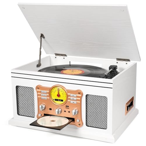 10 in 1 Vintage Bluetooth Record Player Turntable with Built-in Speakers, Vinyl Turntable CD Cassette Player & AM/FM Radio Combo Multimedia Center, USB Recording, RCA Out AUX in, White Wood