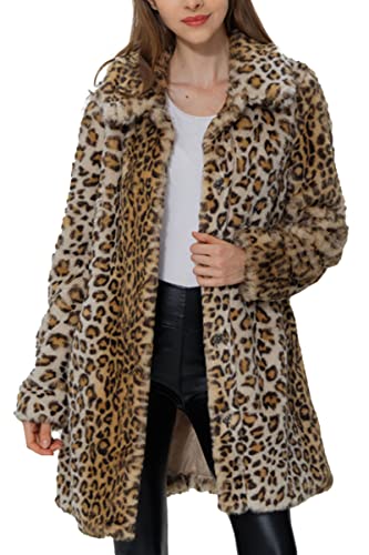 Bellivera Faux Fur Jacket Coat Womens Leopard Jacket Long Sleeve Winter Warm Fluffy Parka Overcoat Outwear Tops 18125 Leopard M