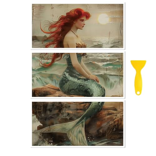 Peacoblue Rub on Transfer Decal Sticker for Furniture Craft Decor 6"x12" Mermaid and Ocean, 3Pcs Waterproof UV DTF Transfer for Drawer Dresser Glass Porcelain Wood Plastic