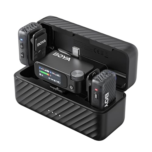 BOYA BOYAMIC 2 Wireless Microphones for iPhone 15-16/Android/PC/Camera, AI Noise Cancellation, 32-bit Float Internal Recording, AMOLED Touchscreen, 984ft 54h Battery with Charging Case(with Clip Mic)