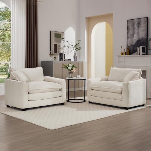KEIKI 2-Piece Sofa Set with 2 Oversized Corduroy Single Sofa, Upholstered Modern 2-Seater Lounge Accent Chair Set with 2 Pillow, High-Density Foam Cushions, Removable Armrests, for Living Room, Beige