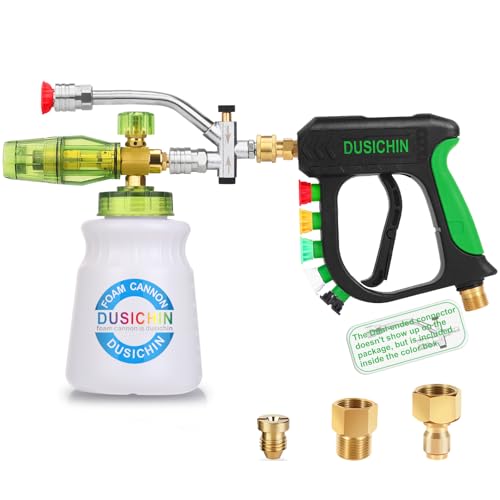 DUSICHIN Short Pressure Washer Gun with Foam Cannon,Dual Connector Accessory, Car Wash Foam Cannon Kit 1/4 Inch Quick Connector, 5 Pressure Washer Nozzle Tips,Double Tip Attachment For Soap Cannon