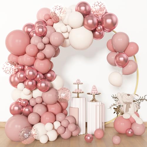 Amandir 153pcs Dusty Pink Balloon Garland Arch Kit, Different Sizes 18 12 10 5 inch Pink White Sand Metallic Confetti Pink Balloons for Girl Baby Shower Birthday Boho Party Decorations