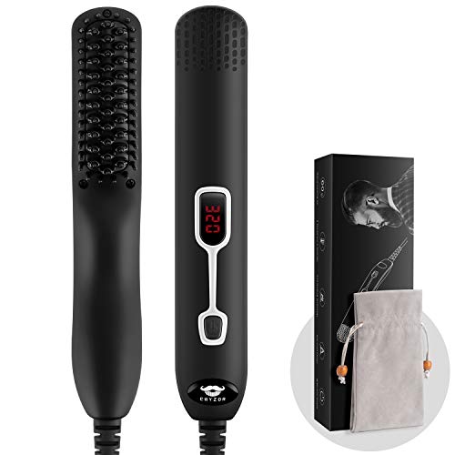 Cayzor Beard Straightener Comb for Men - Upgraded Professional Electric Mens Beard Straightening Heated Brush Portable Anti-Scald 5 Adjustable Temperatures & LCD Display with Carrying Bag