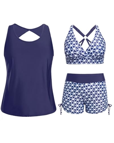 Holipick Navy Blue Plus Size Tankini Swimsuits - Women 3 Piece Bathing Suits Tummy Control with Shorts Tank Top with Sports Bra 12 Plus