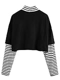 SweatyRocks Women's Color Block Butterfly Print Striped Long Sleeve Crop Top T Shirt Graphic Black White M