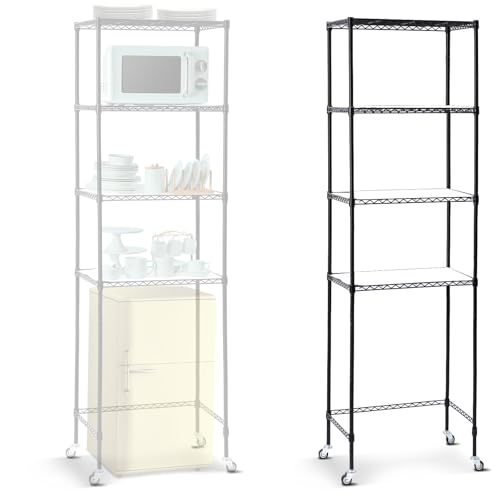 Huwena 4 Tier Mini Fridge Shelf Microwave Stand Over Height Adjustable Fridge Storage Rack with Lockable Wheels & Waterproof Mats Multilayer Metal Organizer for Dorm Apartment Kitchen Office(Black)