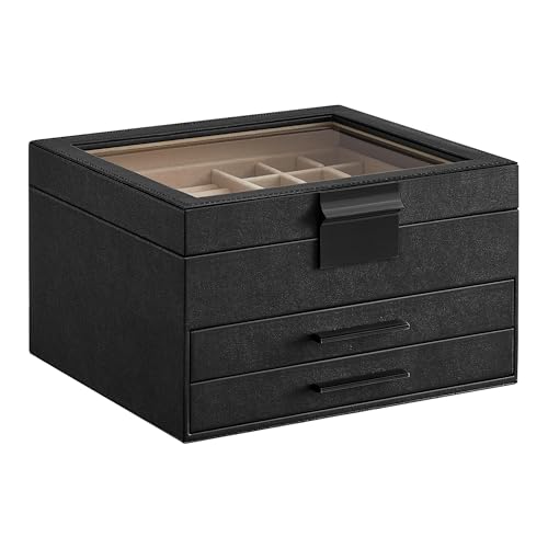 SONGMICS Jewelry Box Organizer with Glass Lid, 3-Layer Jewelry Storage, with 2 Drawers, Modern Style, 8 x 9.1 x 5.3 Inches, Graphite Black and Silver UJBC239BK