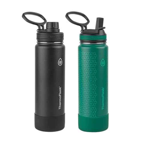 ThermoFlask 24 oz Double Wall Vacuum Insulated Stainless Steel 2-Pack of Water Bottles, Black / Malachite