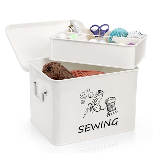 ZOOFOX Sewing Box with Removable Tray, Metal Sewing Box Organizer with Side Handles, Large White Farmhouse Sewing Basket for Sewing Supplies, Beads and Jewelry Making