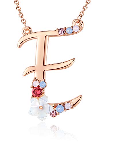 Flower Initial Letter Necklace, Pink Red Blue Simulated Pearl Pendant Name Jewelry Made with Austrian Crystals Rose Gold Plated Anniversary Birthday Gifts for Women,18"+2" (E)