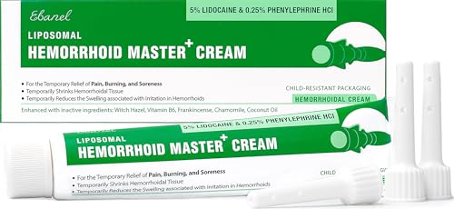 Ebanel 5% Lidocaine Hemorrhoid Treatment Cream with Witch Hazel, Phenylephrine, Horse Chestnut, Vitamin B6, Zinc Oxide, External and Internal Hemorrhoids Treatment Burn Itch Pain Relief Anal Cream