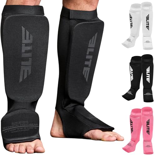Muay Thai MMA Kickboxing shin Guards, Elite Sports Instep Guard Sparring Protective Leg shin Kick Pads for Adults, Kids, Youth (S-M, Black/Black)