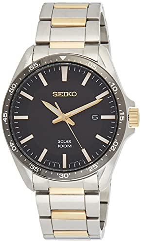 Seiko Men's 43mm Two Tone Steel Bracelet Steel Case Hardlex Crystal Solar Black Dial Analog Watch SNE485P1