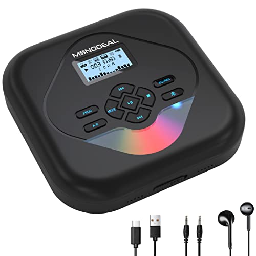 MONODEAL CD Player Portable,Bluetooth CD Player with Speakers,Rechargeable Player for Car and Home,Small Anti-Skip Player with Dual Headphone Jacks,WAV/FLAC/MP3/CD Compatible