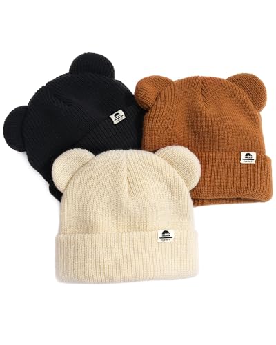 FURTALK Baby Beanie Winter Hat with Bear Ear for Infant Toddler Boys Girls Soft Knitted Skull Cap Black+Beige+Caramel 6-36 Months