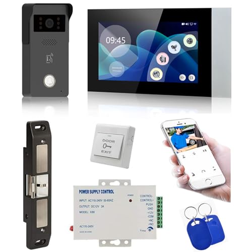 MENGQI-CONTROL LCD Video Door Intercom Access Control System Electric Strike Push Rod Lock for Panic Bar& Power Unit Full Kits Cards Phone App Remote Open
