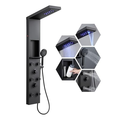 ROVATE LED Shower Panel Tower System Matte Black with Shelf, Rainfall Waterfall Shower Tower with 6 Angle Adjustable Body Jets, Self-Cleaning Handheld, Powerful Shower Column Stainless Steel