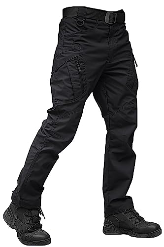 TACVASEN Black Work Pants for Men Construction Slim Fit Tactical Cargo Pants 9 Pockets Waterproof Stretch EDC Military Hiking Trousers 30