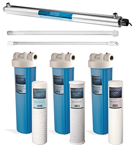 Bluonics 55W UV Ultraviolet Light Plus Sediment and Carbon Well Water Filter Purifier System with NPT 1" Ports, 12 GPM UV with 3 Filter Size 4.5” x 20" Filters for a Large Home/Commercial