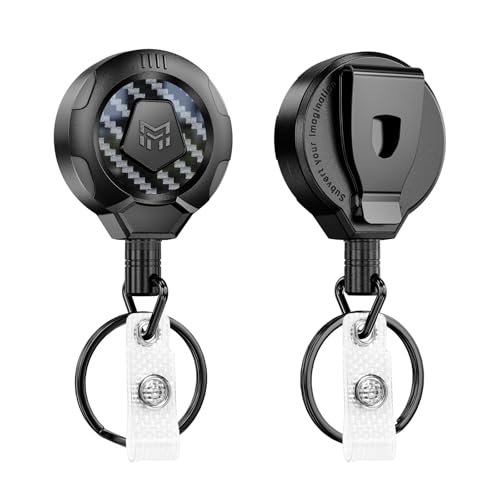 MNGARISTA Upgraded Heavy Duty Retractable Keychain with Belt Clip, 10 OZ Retraction, 31.5" Stainless Steel Cord Key Chain, 3K Carbon Fiber ID Badge Reel Holder with Badge Strap and Key Ring, 2 Pack