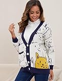 VDWIP Women Cute Cat Cardigan Sweater Cartoon V Neck Button Down Open Front Cat Print Knit Cardigan Vintage Sweater Outwear(Navy-M)