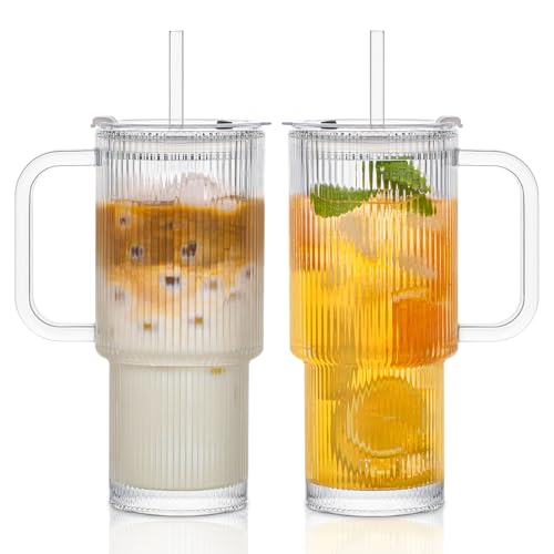 INSETLAN 26oz Ribbed Glass Tumbler with Handle & Lid – 2-Pack Large Iced Coffee Cups with Straws, Modern Glass Mug for Cold & Hot Beverages, Aesthetic Travel Cup for Smoothies, Tea, and Juice