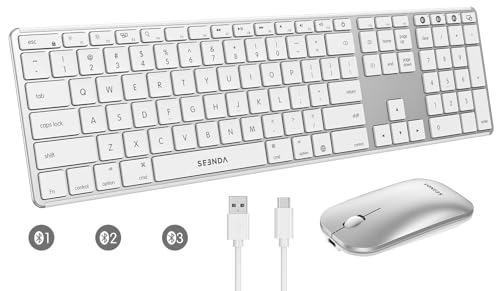 seenda Bluetooth Keyboard and Mouse for Mac, Multi-Device Rechargeable Keyboard Mouse with Quiet Keys, Full Size Slim Combo Compatible for MacBook Pro/Air, iMac, iPad, iPhone - White Silver