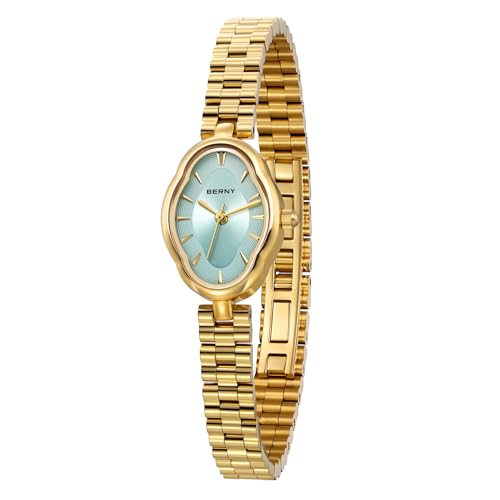 BERNY Gold Watches for Women Dainty Ladies Wristwatch Vintage Copper Mirrors Shape Japanese Quartz Movement 3ATM Waterproof All Stainless Steel Fashion Female Wrist Watch Luxury Birthday Gifts