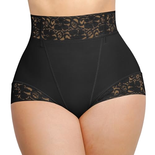 SHAPELLX Shapewear for Women Body Shaper Tummy Control Briefs Mid Waisted Panties Faja Lace No Show Underwear Black XL