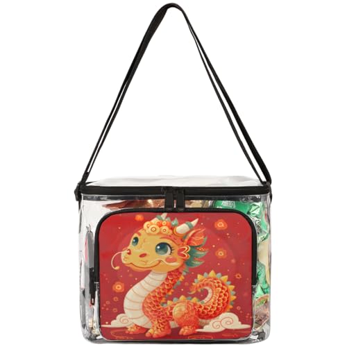 QsirBC Cute Cartoon Dragon Clear Lunch Bag Transparent PVC Food Bag with Adjustable Shoulder Strap Through Tote for Work Concerts Sporting Events Freezer Storage
