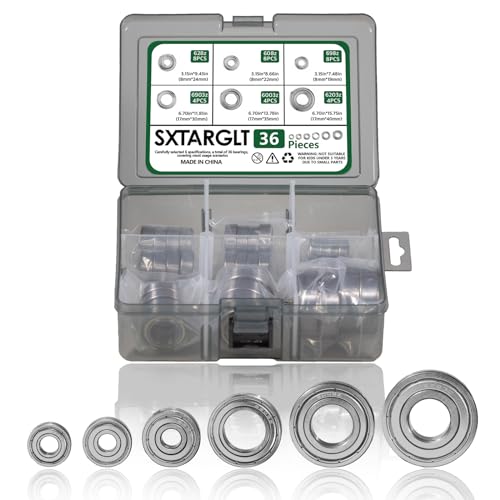 SXTARGLT Ball Bearings Kit, 698ZZ 608ZZ 628ZZ 6903ZZ 6003ZZ 6203ZZ 36 PCS Double Metal Shielded Deep Groove Bearings Kit for Wheel Skateboards Motor 3D Printing, High Carbon Steel Bearings