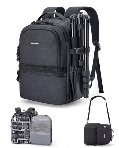 BAGSMART Camera Backpack, DSLR SLR Small Camera Bags for Photographers Compatible for Sony Canon Nikon, Shoulder Strap 2-in-1 Travel Backpack Fits 12.9" iPad, Black