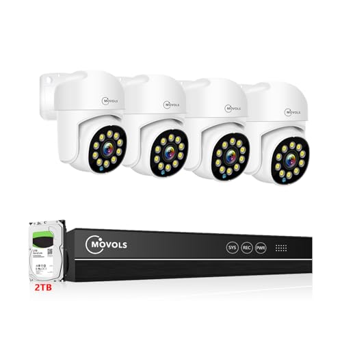 MOVOLS PoE Security Camera System, 4 x 8MP(4K) Pan/Tilt PoE 360 Camera Outdoor, Person/Vehicle Detect, Spotlight Siren, Color Night Vision, 8CH 8MP NVR with 2TB HDD