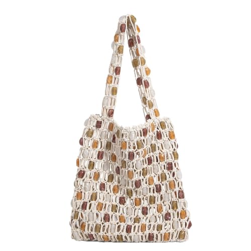 Fashion Beaded Tote Bag Purse - Boho Handwoven Rattan Purse Chic Crossbody Designer Handbag Beach Wedding Party Daily (Beige)