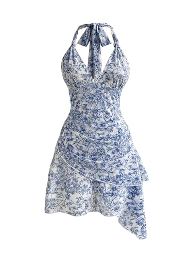BEAUDRM Women's Floral Print Sleeveless Halter Deep V Tie Mini Dress Ruched Backless Slim Fit Cami Dresses Knot Boho Dress Blue and White Small