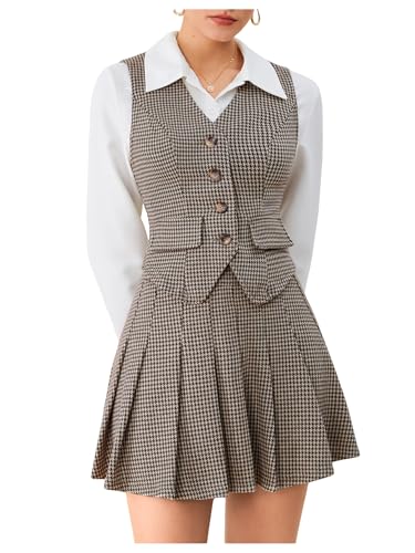 Milumia Women's 2 Piece Outfit Plaid Vest Blazer and Pleated Skirt Suit Sets Grey Medium