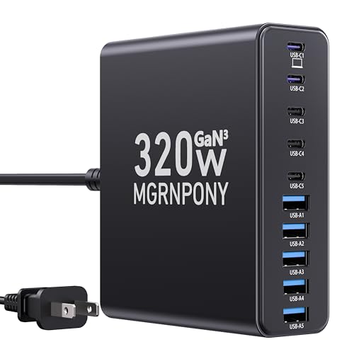 320W USB C Charger Block, 10-Port USB C Charging Station GaN III PD 65W PC Laptop Fast Charger Adapter for MacBook Pro/Air, DELL, iPad, iPhone, Samsung Galaxy Black
