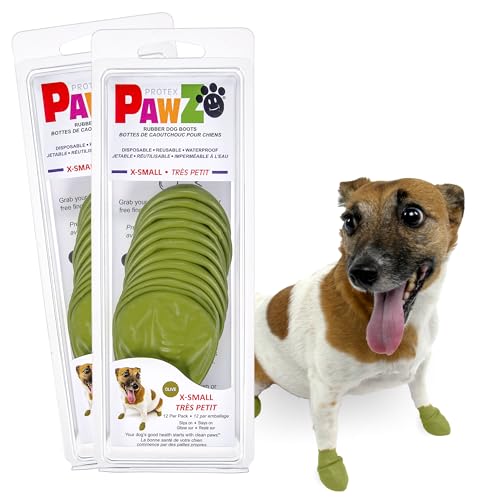 PawZ Rubber Dog Boots for Paws up to 2", 24 Total (2 Packs of 12) - All-Weather Dog Booties for Hot Pavement, Snow, Mud, and Rain - Waterproof, Anti Slip Dog Socks - X-Small, Olive Green