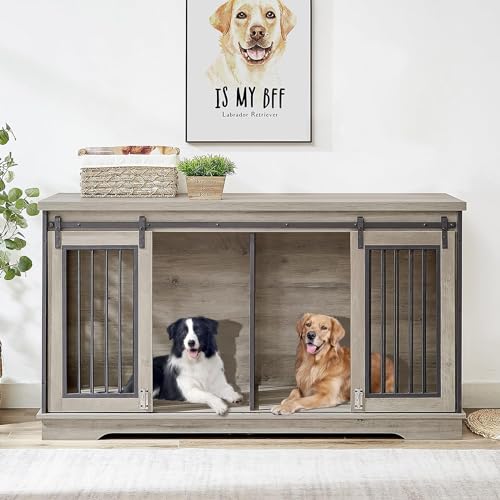 Rovibek 61'' Double Dog Crate Furniture for 2 Dogs, Large Double Dog Kennel Furniture TV Stand, Heavy Duty Dog Crate, Furniture Style Dog Crate End Table, Wood Crates for Dogs Kennel Indoor