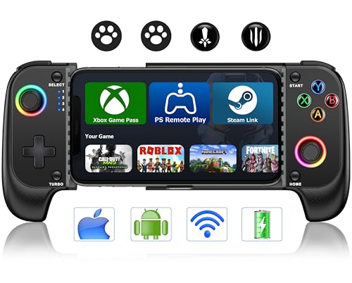 Wireless Phone Controller for iPhone/Android With Hall Joystick and RGB, Mobile Gaming Controller for iOS Support Xbox Game Pass, PlayStation, Steam Link, Call of Duty,Roblox, Minecraft, Cloud Gamepad