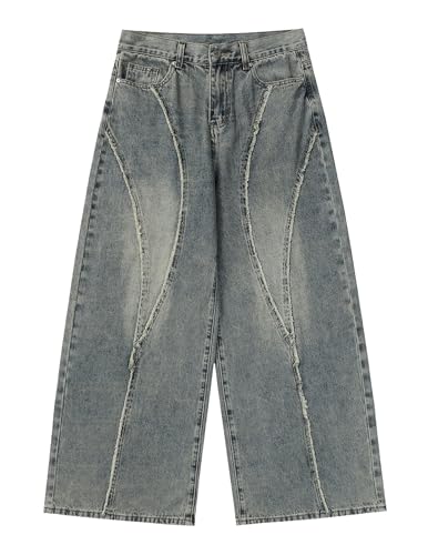 Aelfric Eden Mens Jeans Fringe Patchwork Loose Fit Jean Pants Casual Unisex Wide Leg Y2k Vintage Denim Pant Streetwear Blue 34