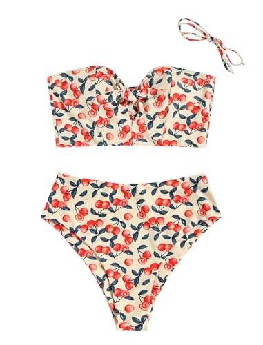ZAFUL Women's Keyhole Tied High Waisted Bikini Sets Spaghetti Straps 2 Pieces Swimsuit Bathing Suit 0-Cherry M