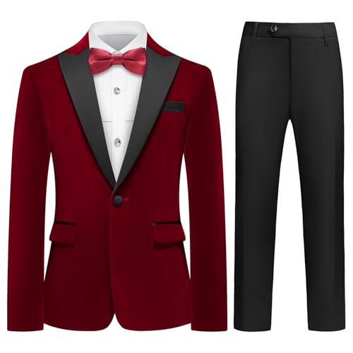 Lamgool Boys Velvet Suit Slim Fit 4 Piece Tuxedo Set Size 12 with Burgundy Blazer Jacket Dress Shirt Pant Bow Tie Kids Wedding Formal Outfit