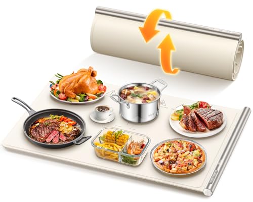 Gasbye Food Warming Mat, 10s Fast Full-Surface Heating Warming Tray, Raised Feet Protect Countertop, 3 Temperature Levels, 4-Hour Timer, Portable Design for Party Buffet Home Use, Beige