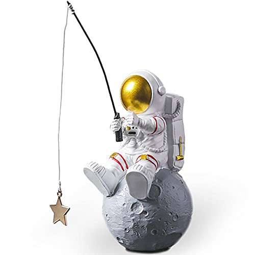 Astronaut Figurine Statue, Astronaut Fishing Star Figure Sculpture for Desktop & Tabletop Decor, Resin Spaceman Planet Desk Ornament for Outer Space Themed Bedroom Decor, Cake Topper Decoration Model