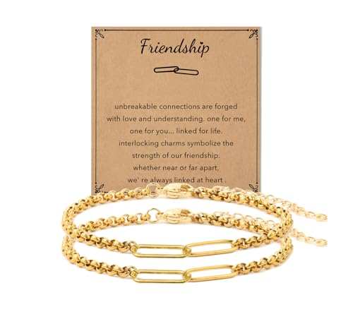 AULSIEY Matching Bracelets for Best Friends, Friendship Bracelet for 2,Paperclip Link Bracelet Friendship Gifts for Women Friends,Couples Bracelets Valentines Gift for Boyfriend Bff -(Golden 2pcs)